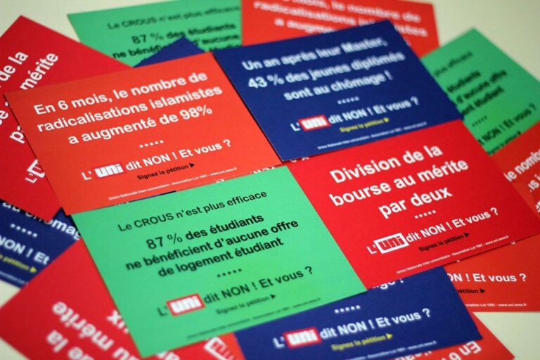 Les pétitions de l&rsquo;UNI du mois de décembre 2015 : Non à la radicalisation islamiste ; Pour la professionnalisation des études ; Pour une réforme urgente des CROUS ; Contre le chômage des jeunes !