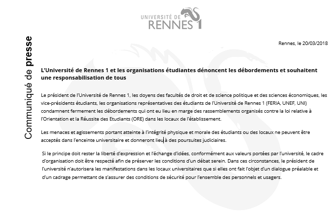 L&rsquo;université de Rennes 1 apporte son soutien aux militants de l&rsquo;UNI agressés en AG