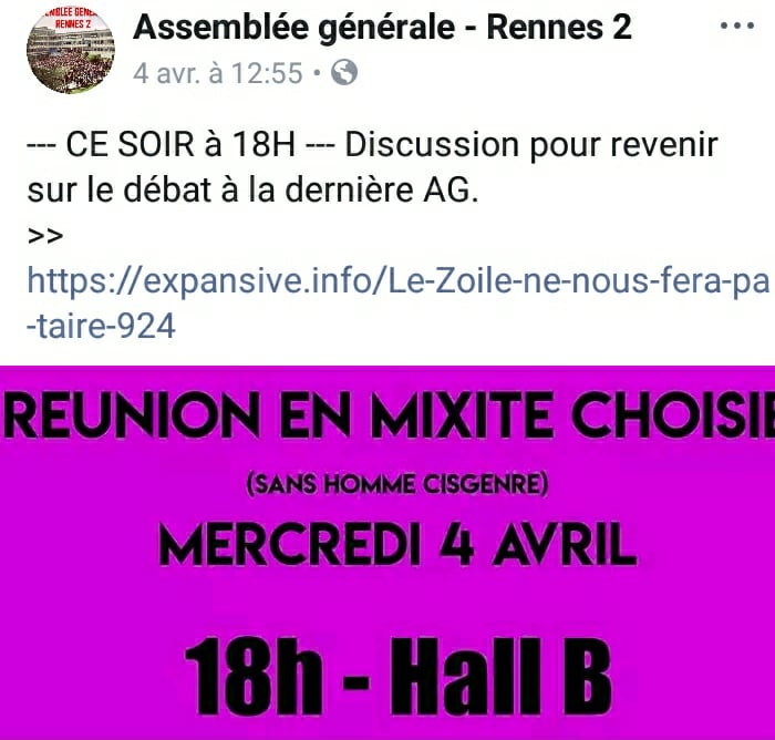 Les gauchistes de Rennes 2 innovent avec une « AG sans hommes cisgenre »