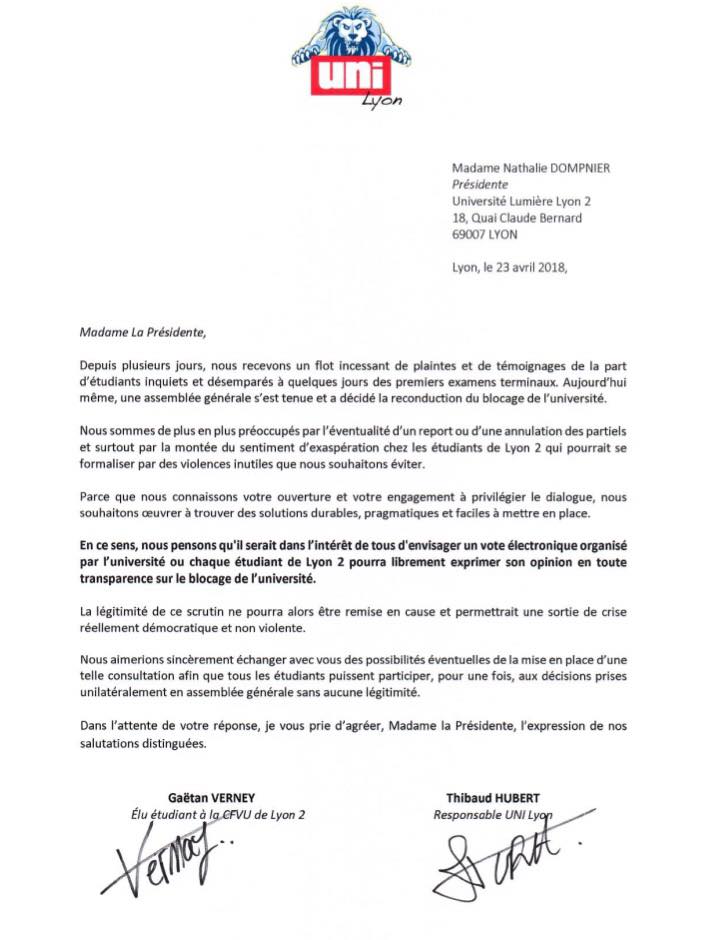 Lettre au président de Lyon 2 pour demander le déblocage !