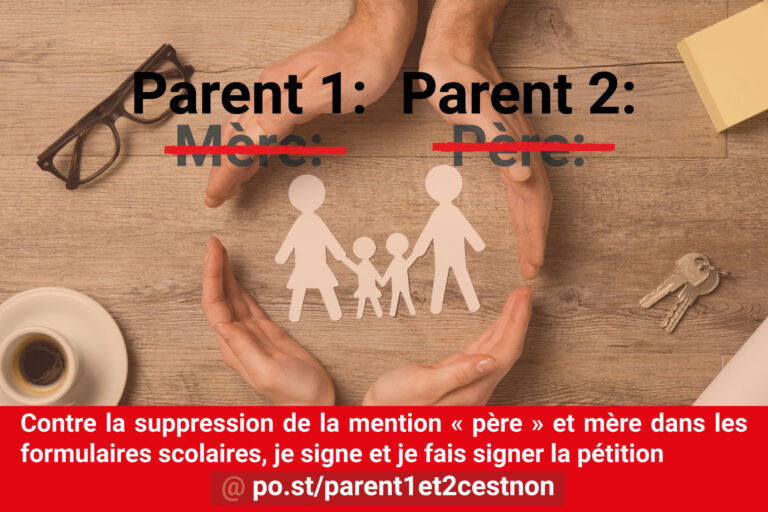 Pétition contre la suppression de la mention « père » et « mère » dans les formulaires scolaires