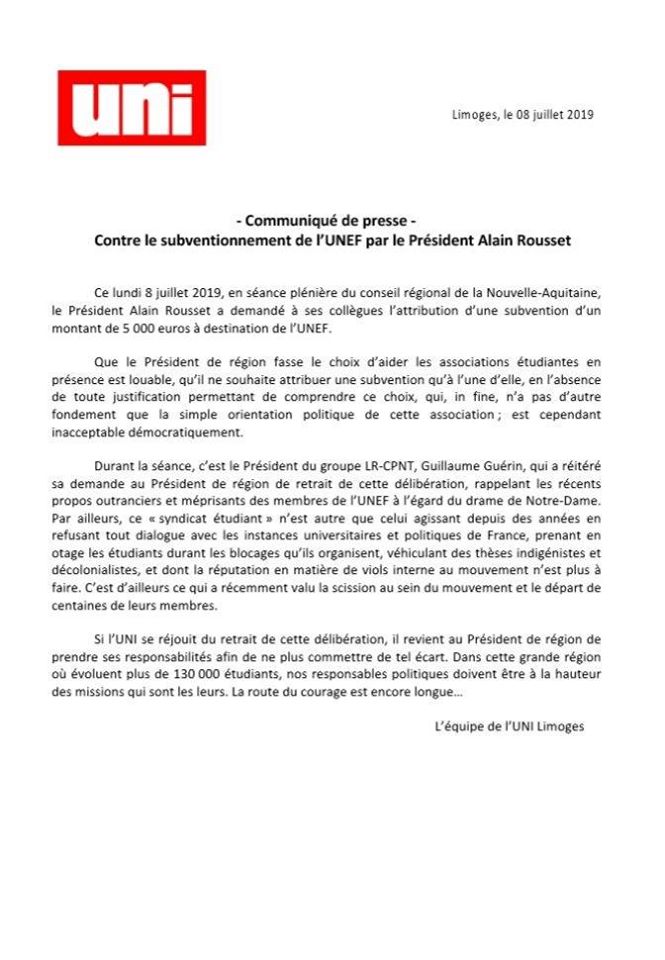 Contre le financement de l&rsquo;UNEF par la région Nouvelle-Aquitaine !