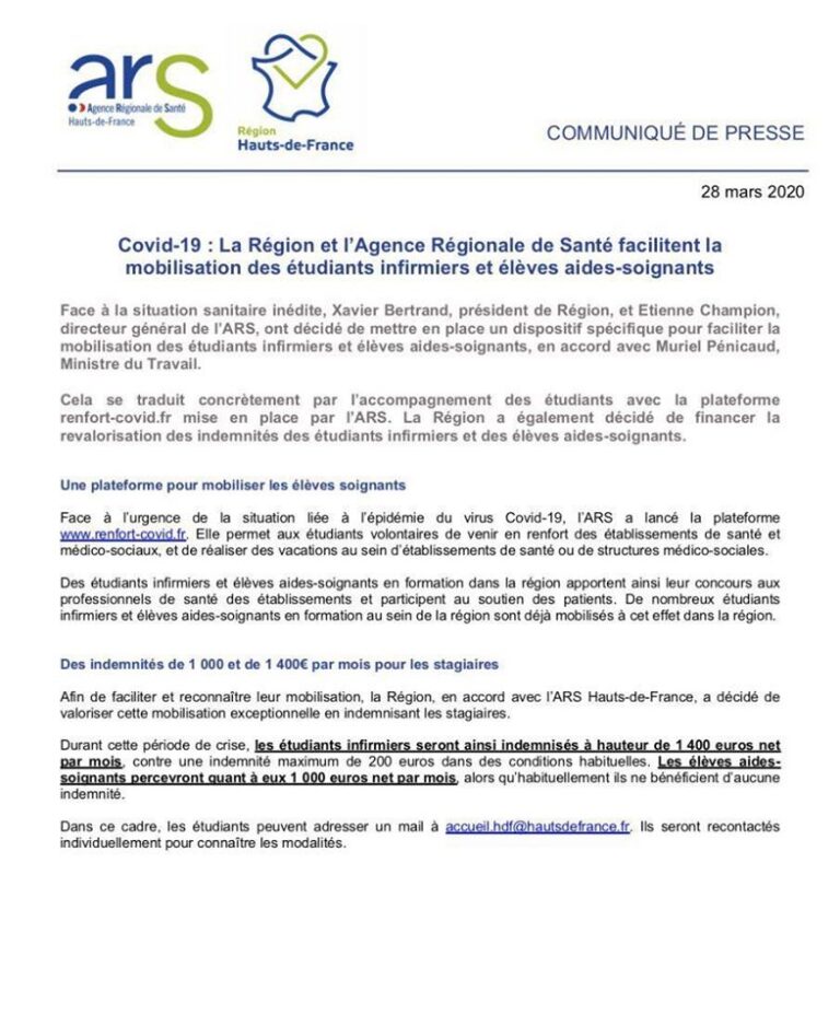 L’UNI HAUTS-DE-FRANCE OBTIENT LA RÉMUNÉRATION POUR LES ÉTUDIANTS INFIRMIERS MOBILISÉS CONTRE LE COVID-19 !