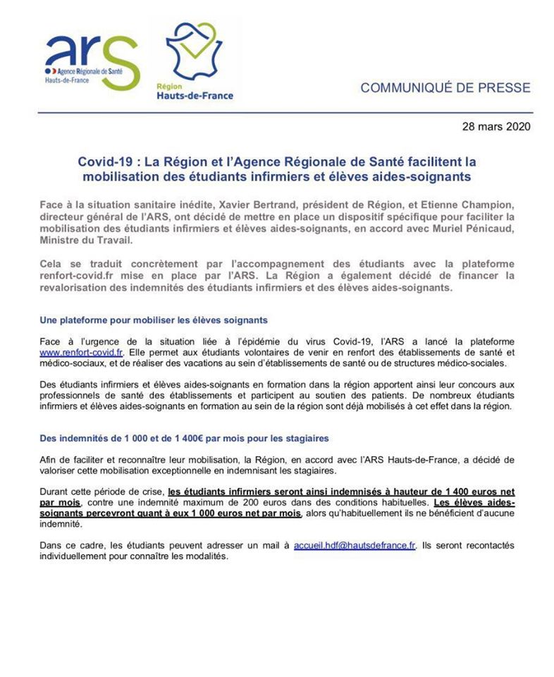 L’UNI HAUTS-DE-FRANCE OBTIENT LA RÉMUNÉRATION POUR LES ÉTUDIANTS INFIRMIERS MOBILISÉS CONTRE LE COVID-19 !