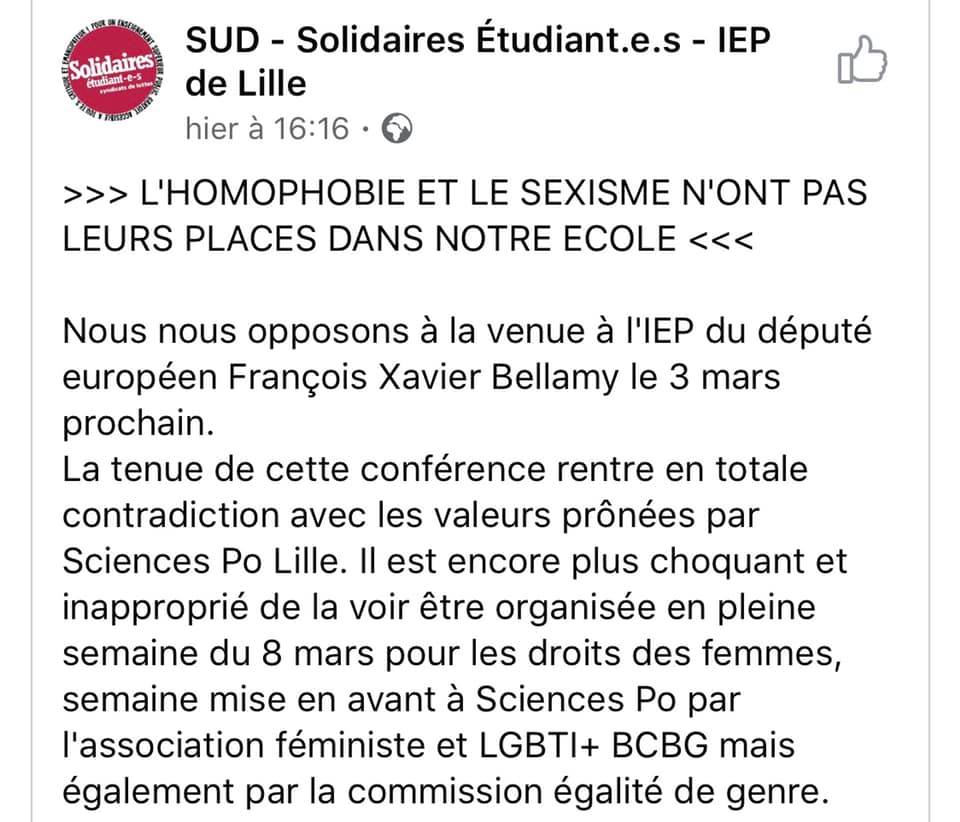 L&rsquo;extrême-gauche tente encore de censurer une conférence avec Bellamy à Science Po Lille