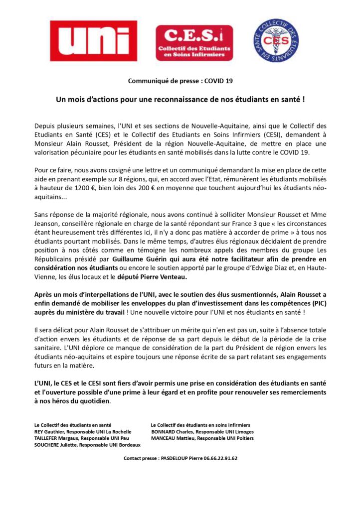 L&rsquo;UNI Nouvelle-Aquitaine obtient la rémunération pour les étudiants infirmiers mobilisés contre le COVID-19 !
