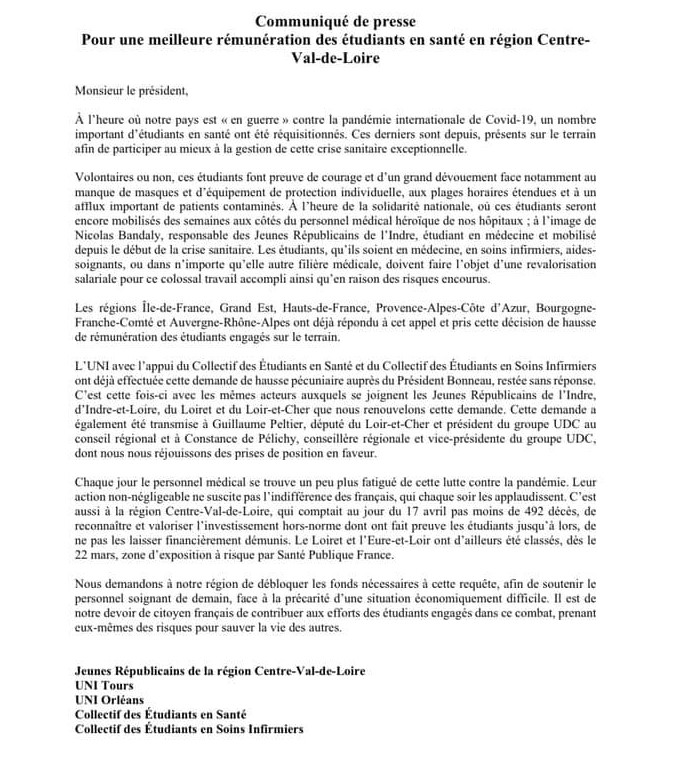 L’UNI CENTRE-VAL DE LOIRE OBTIENT LA RÉMUNÉRATION POUR LES ÉTUDIANTS INFIRMIERS MOBILISÉS CONTRE LE COVID-19 !