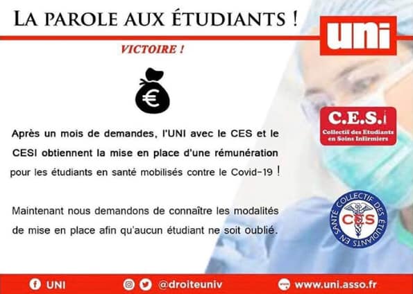 L’UNI NORMANDIE OBTIENT LA RÉMUNÉRATION POUR LES ÉTUDIANTS INFIRMIERS MOBILISÉS CONTRE LE COVID-19 !