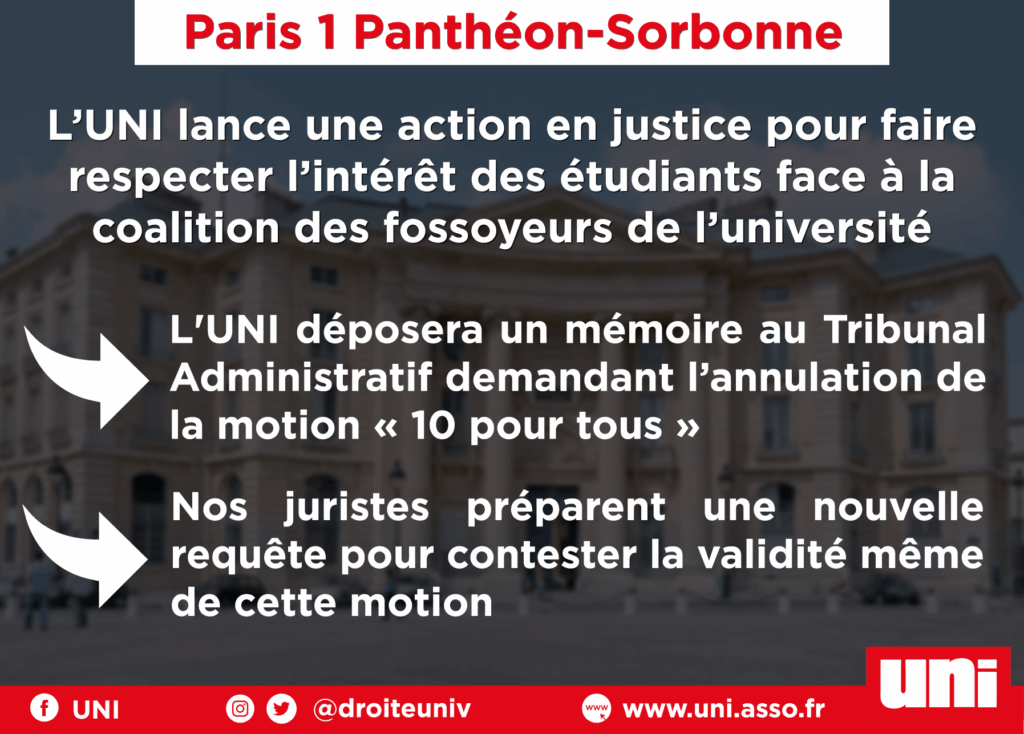 Paris 1 Panthéon-Sorbonne : les étudiants et le mérite sacrifiés, l’UNI lance une action en justice pour faire respecter l’intérêt des étudiants