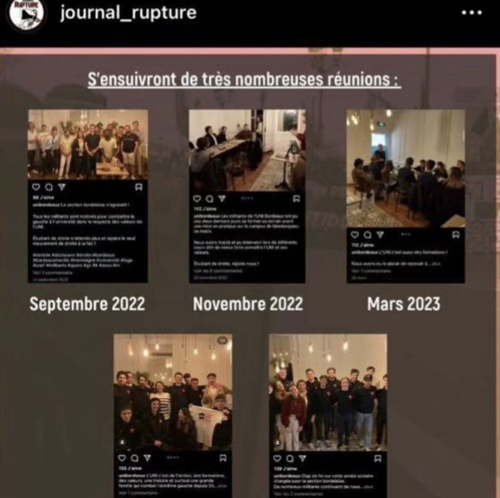 Capture d'écran du compte Instagram Journal rupture avec des menaces et un fichage des militants de l'UNI