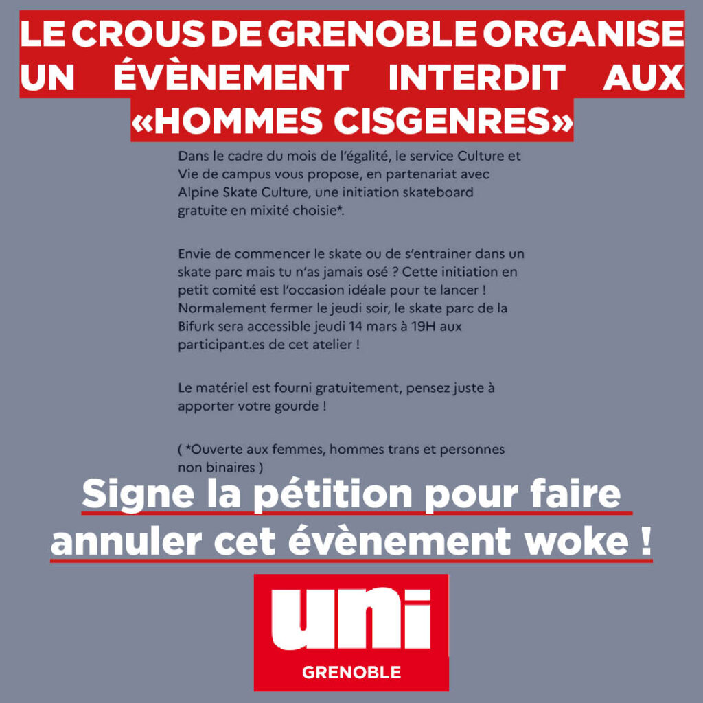 L’UNI demande l’annulation d’un évènement interdit aux hommes organisé par le Crous de Grenoble !