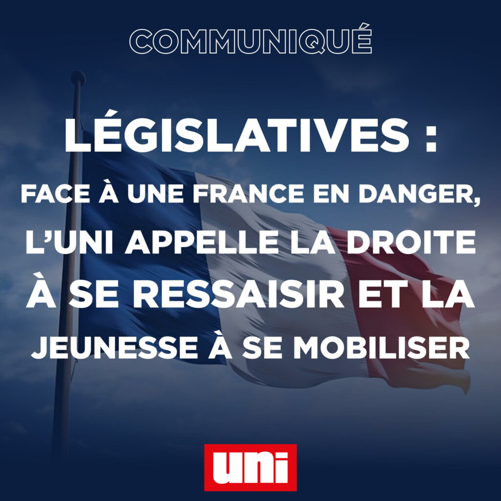 Législatives : face à une France en danger, l’UNI appelle la droite à se ressaisir et la jeunesse à se mobiliser.
