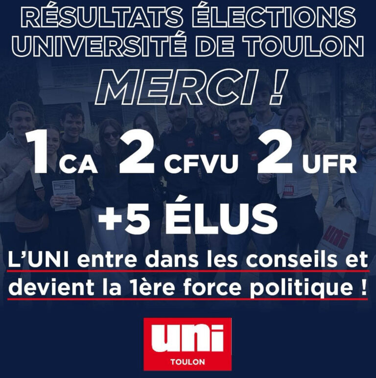 L’UNI s’impose définitivement comme première force politique et seule force de droite à l’Université de Toulon